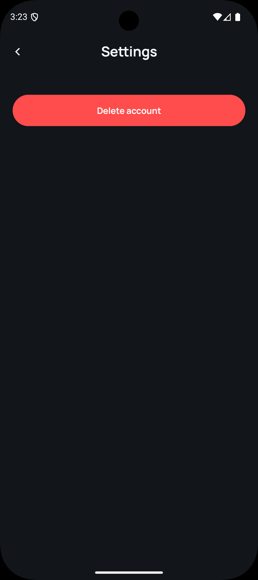 Settings screen with the delete account button